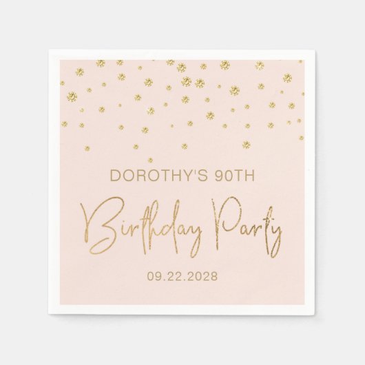 エレガント金ゴールドグリッター紙吹雪90番目の誕生日赤面 スタンダードカクテルナプキン (正面)
