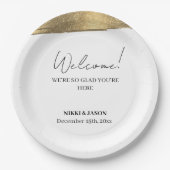 エレガント金ゴールドグリッター線ミニマル結婚の歓迎 ペーパープレート (正面)