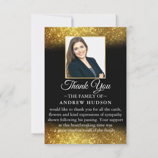 エレガント金ゴールドグリッター葬儀フォトサンキューカード サンキューカード (正面)