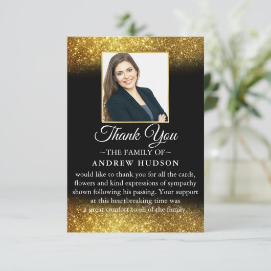 エレガント金ゴールドグリッター葬儀フォトサンキューカード サンキューカード (スタンド正面)