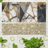 エレガント金ゴールドグリッター黒大理石幾何学模様 キッチンタオル (折り畳み)