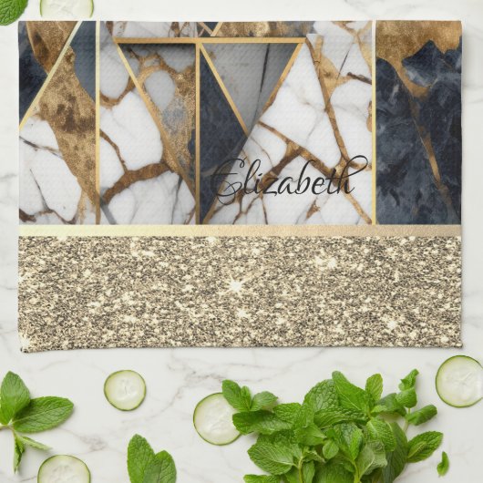 エレガント金ゴールドグリッター黒大理石幾何学模様 キッチンタオル (折り畳み)