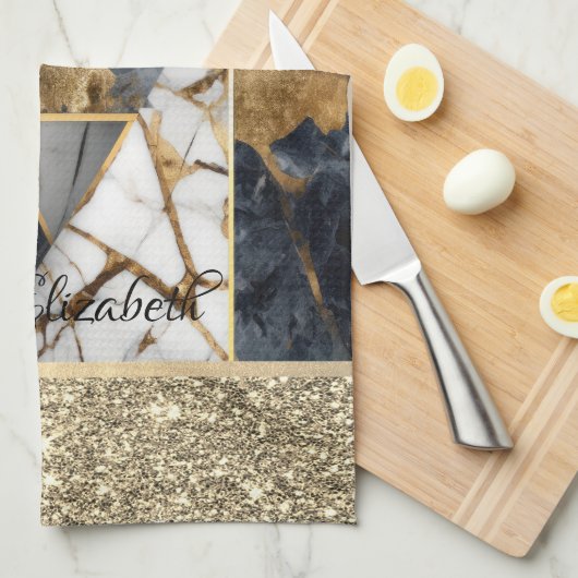 エレガント金ゴールドグリッター黒大理石幾何学模様 キッチンタオル (四つ折り)