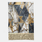 エレガント金ゴールドグリッター黒大理石幾何学模様 キッチンタオル (縦)