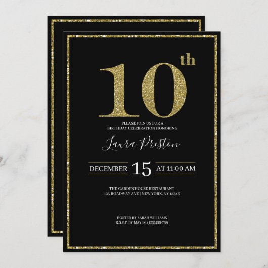エレガント金ゴールドグリッター10誕生日 招待状 (正面/裏面)