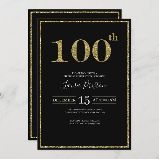 エレガント金ゴールドグリッター100誕生日 招待状 (正面/裏面)