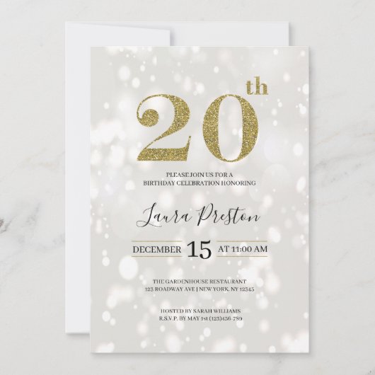 エレガント金ゴールドグリッター20誕生日 招待状 (正面)