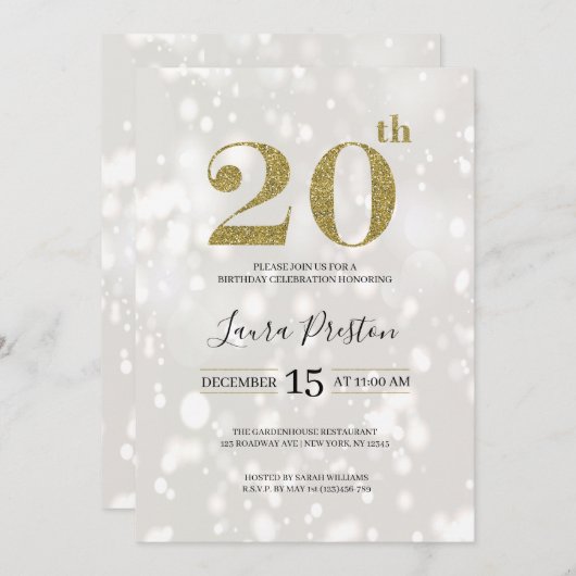 エレガント金ゴールドグリッター20誕生日 招待状 (正面/裏面)