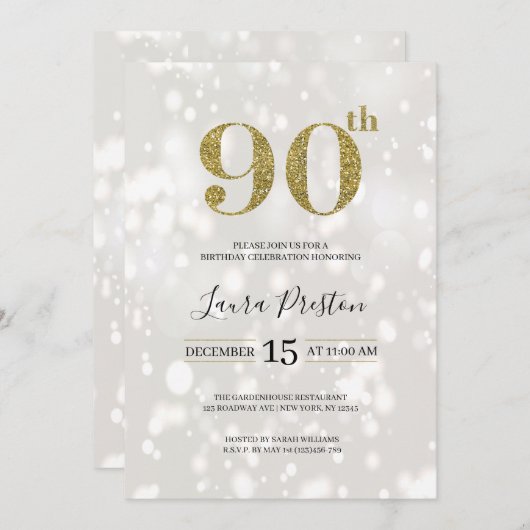エレガント金ゴールドグリッター90誕生日 招待状 (正面/裏面)