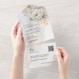 エレガント金ゴールドグレー金ゴールドフローラ洗浄QRコード結婚s オールインワン招待状