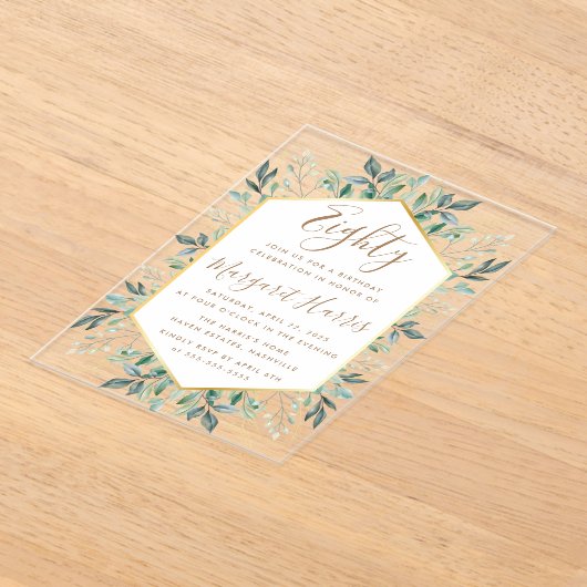 エレガント金ゴールドグ葉リー誕生日80th Aimy アクリル招待状 (レイダウン)