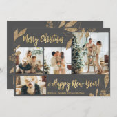 エレガント金ゴールドグ葉レー写真4枚クリスマスカード (正面/裏面)