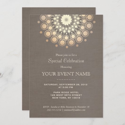 エレガント金ゴールドサークルのモチーフTaupe Linenルックフォーマル 招待状 (正面/裏面)