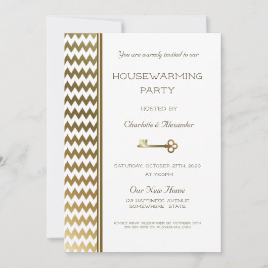 エレガント金ゴールドシストライプェブロン引っ越し祝いパーティーパーティー 招待状 (正面)