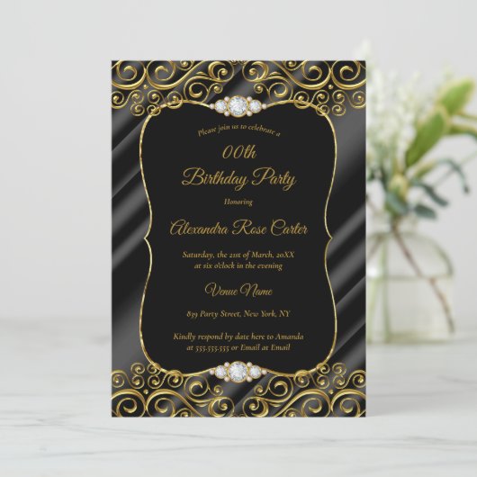 エレガント金ゴールドシルクブラックダイヤモンドバースデーパーティー 招待状 (スタンド正面)