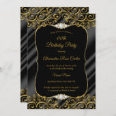 エレガント金ゴールドシルクブラックダイヤモンドバースデーパーティー 招待状 (正面/裏面)