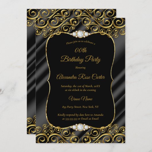 エレガント金ゴールドシルクブラックダイヤモンドバースデーパーティー 招待状 (正面/裏面)