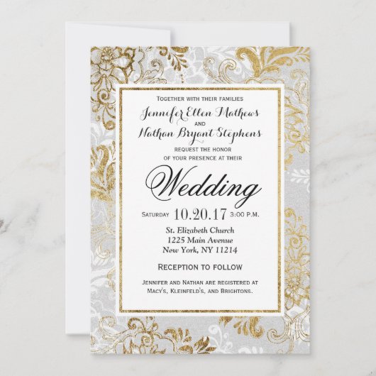 エレガント金ゴールドシルバーとグレーのフローラ結婚ズ 招待状 (正面)