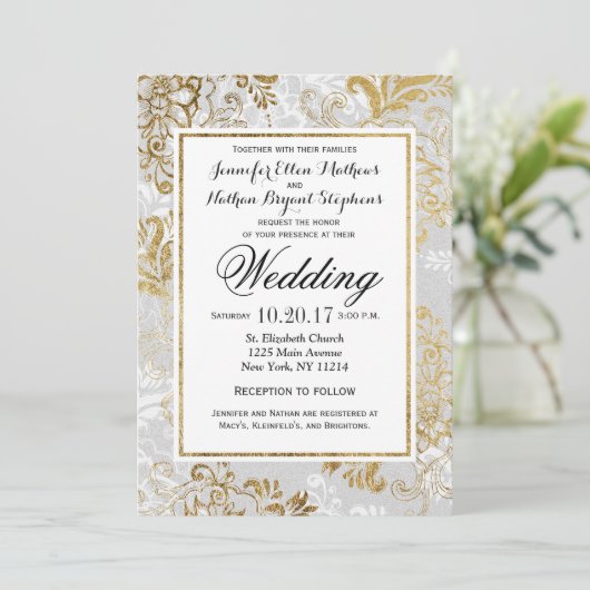 エレガント金ゴールドシルバーとグレーのフローラ結婚ズ 招待状 (スタンド正面)
