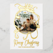 エレガント金ゴールドシンプルオーナメントボウファミリーフォト 箔シーズンカード (正面)