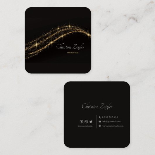 エレガント金ゴールドシンプルグリッターモダンブラックシックブシ スクエア名刺 (正面/裏面)