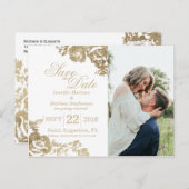 エレガント金ゴールドシンプル·ホワイト·フローラ日付の保存 案内ポストカード (正面/裏面)