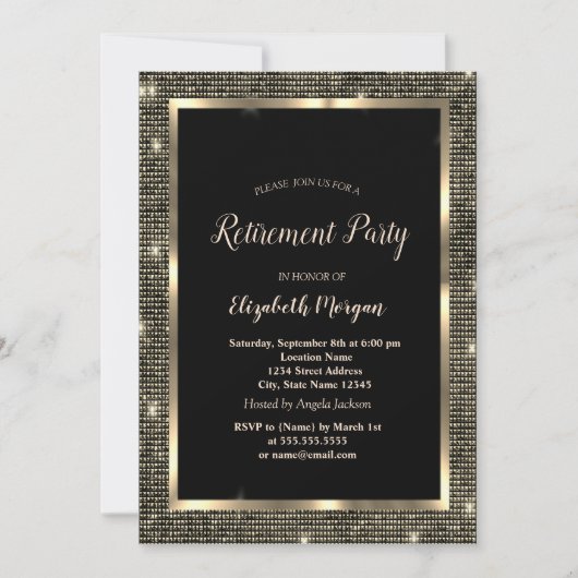エレガント金ゴールドシーケンスフレームブラックリタイア 招待状 (正面)
