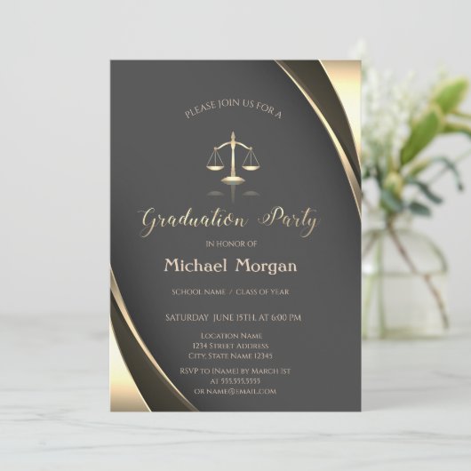 エレガント金ゴールドジャスティス縁どクグレイ卒業 招待状 (スタンド正面)