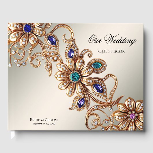 エレガント金ゴールドジュエルフラワーズゲストブック ゲストブック (正面)
