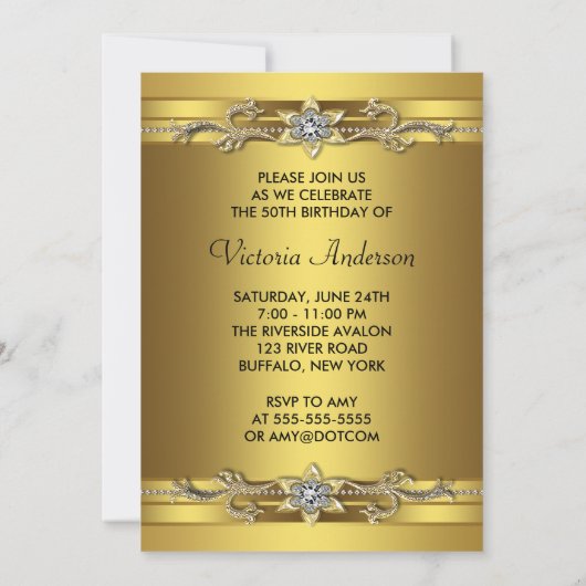 エレガント金ゴールドジュエル女性金ゴールド50誕生日 招待状 (裏面)