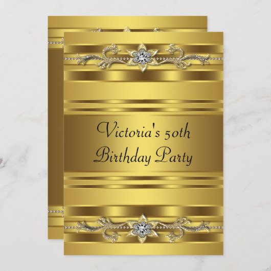 エレガント金ゴールドジュエル女性金ゴールド50誕生日 招待状 (正面/裏面)