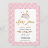 エレガント金ゴールドスクリプトかわいいピンク恐竜の赤ちゃんシャワー 招待状 (正面/裏面)