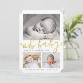 エレガント金ゴールドスクリプトのコラージュ写真誕生 案内状 (スタンド正面)