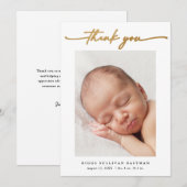エレガント金ゴールドスクリプトのフォトベビー サンキューカード (正面/裏面)