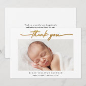 エレガント金ゴールドスクリプトのフォトベビー サンキューカード (正面/裏面)