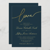 エレガント金ゴールドスクリプトの婚約パーティ 招待状 (正面/裏面)