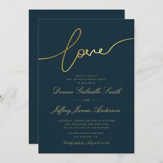 エレガント金ゴールドスクリプトの婚約パーティ 招待状 (正面/裏面)