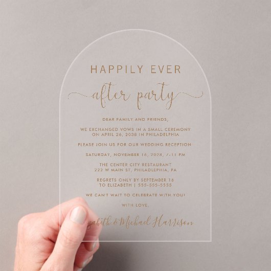 エレガント金ゴールドスクリプトアーチウェディングレセプション アクリル招待状 (インサイチュ (ポータブル))