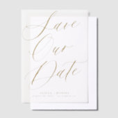 エレガント金ゴールドスクリプトオーバーレイ結婚式の日付を保存 ベラム紙招待状 (オフセット)