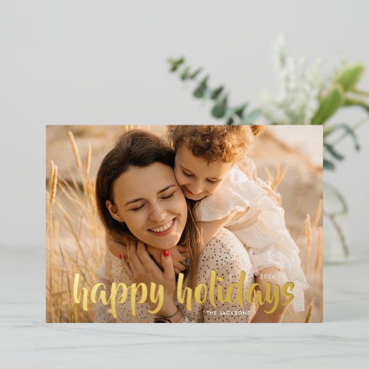 エレガント金ゴールドスクリプトクリスマスフォトハッピー 箔シーズンカード (立ち正面)
