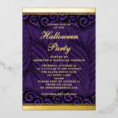エレガント金ゴールドスクリプトパープルレースハロウィーン 箔招待状 (正面)