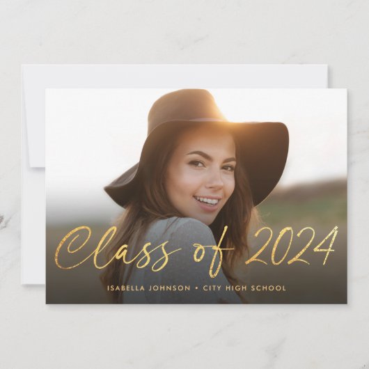 エレガント金ゴールドスクリプトフォト卒業パーティー 招待状 (正面)