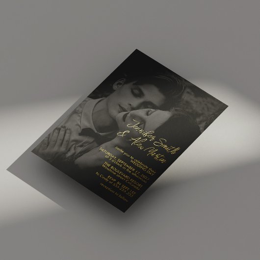 エレガント金ゴールドスクリプトポートレート結婚写真 箔招待状