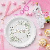 エレガント金ゴールドスクリプトモノグラムイニシャル緑 ペーパープレート (パーティー)