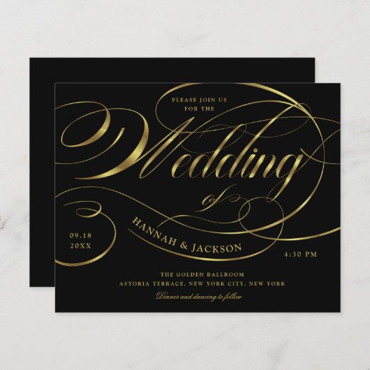 エレガント金ゴールドスクリプト予算結婚式招待状 (正面/裏面)