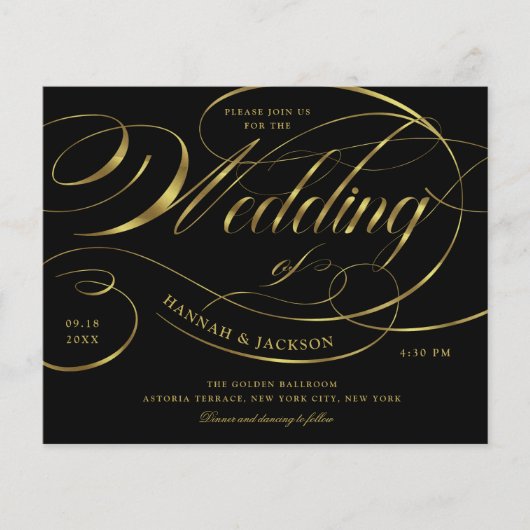 エレガント金ゴールドスクリプト予算結婚式招待状 (正面)