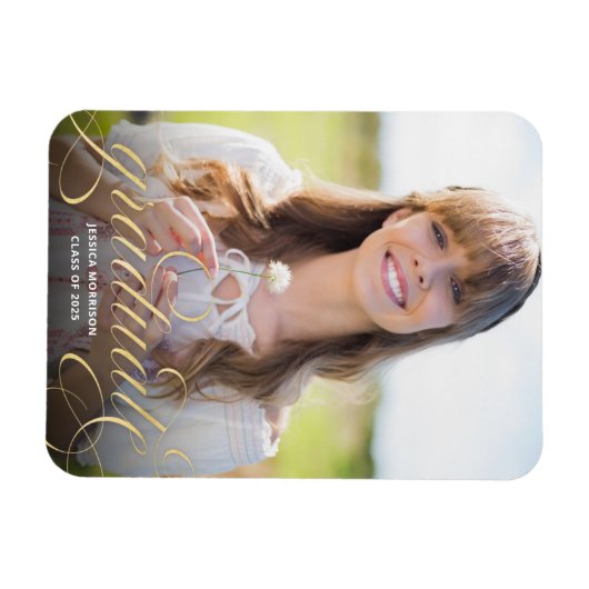 エレガント金ゴールドスクリプト写真の卒業発表 マグネット (横)