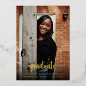 エレガント金ゴールドスクリプト写真の卒業 箔招待状 (正面)