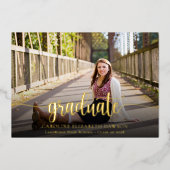 エレガント金ゴールドスクリプト写真の卒業 箔招待状 (正面)