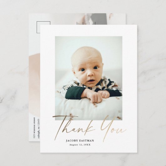 エレガント金ゴールドスクリプト写真ベビーありがとう ポストカード (正面/裏面)
